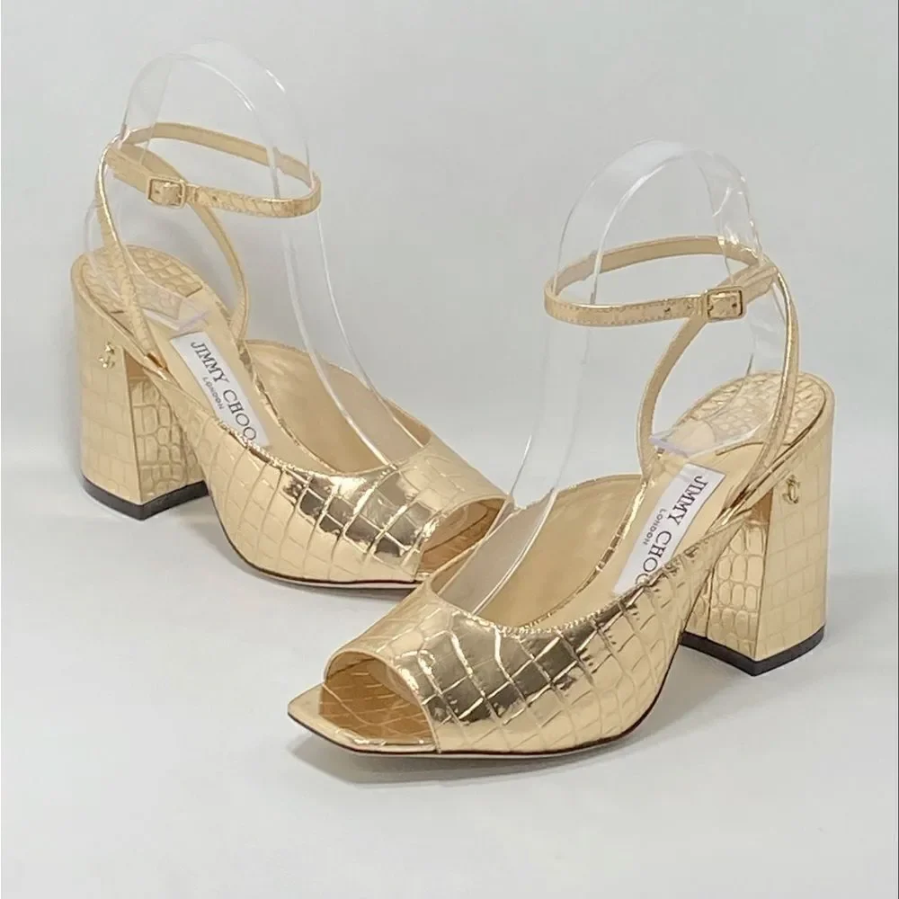 Jimmy Choo Jassidy Croc-Embossed Metallic Leather Sandals size 37.5